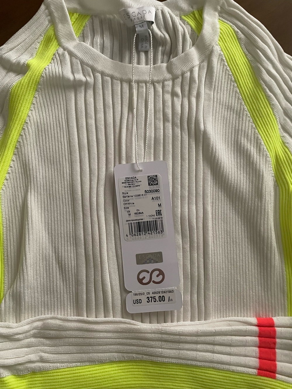 Escada White Ribbed Knit Top with Neon Yellow and Neon Coral Stripes